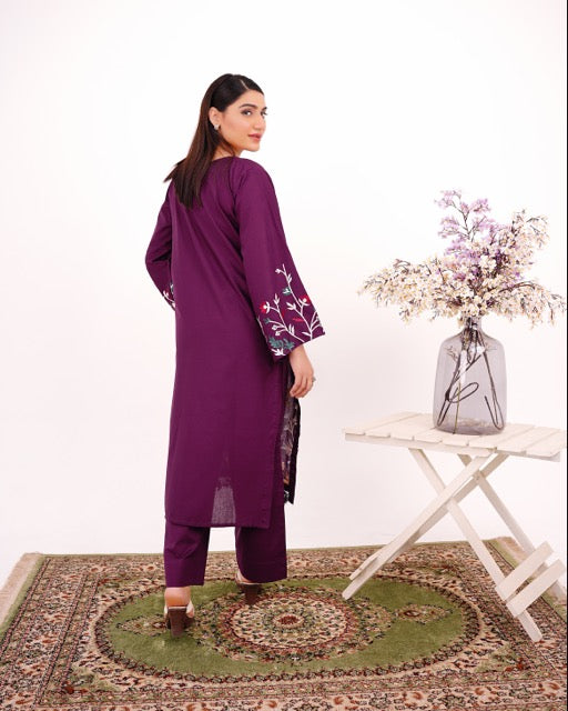 AREESHA – Embroidered Plum Two-Piece Cotton Ensemble