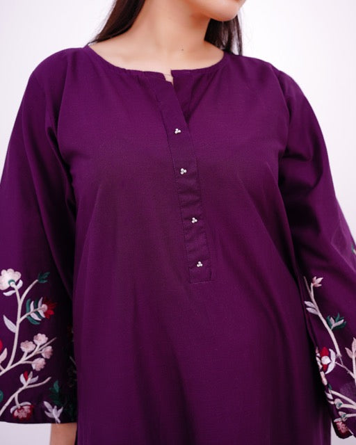 AREESHA – Embroidered Plum Two-Piece Cotton Ensemble