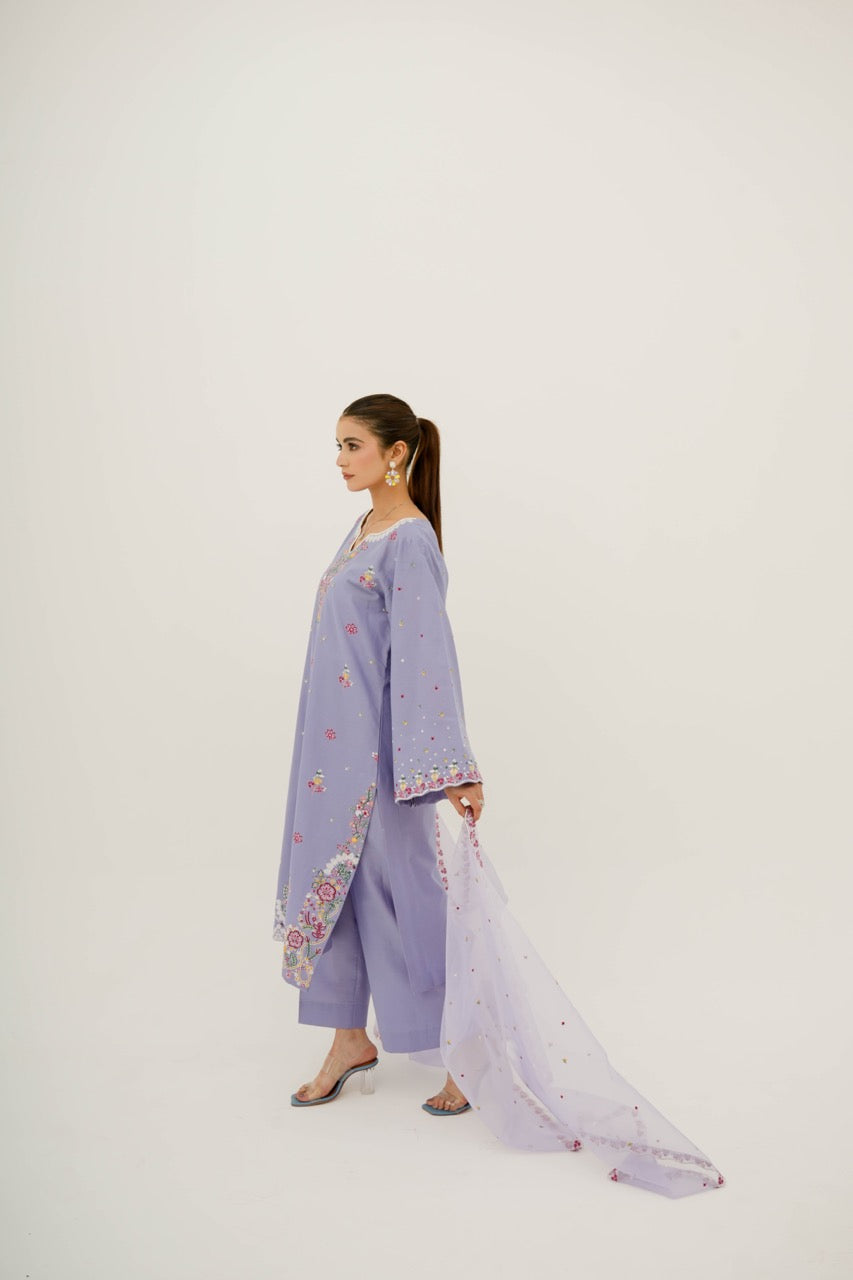 Eilara Purple Embroidered Lawn Suit with Embroidered Dupatta
