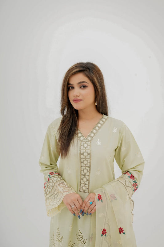 Hania Pistachio Embroidered Cotton Suit with Organza Dupatta