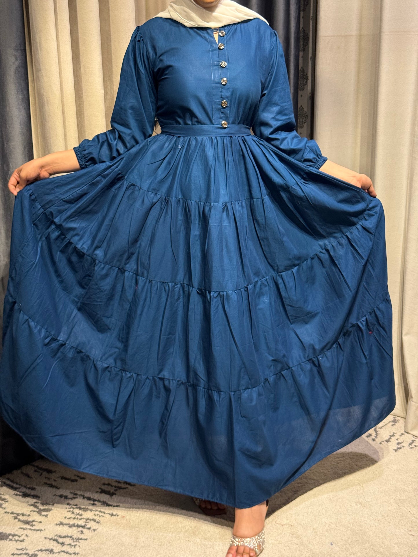 Premium Cotton Tiered Maxi – Blue Elegance