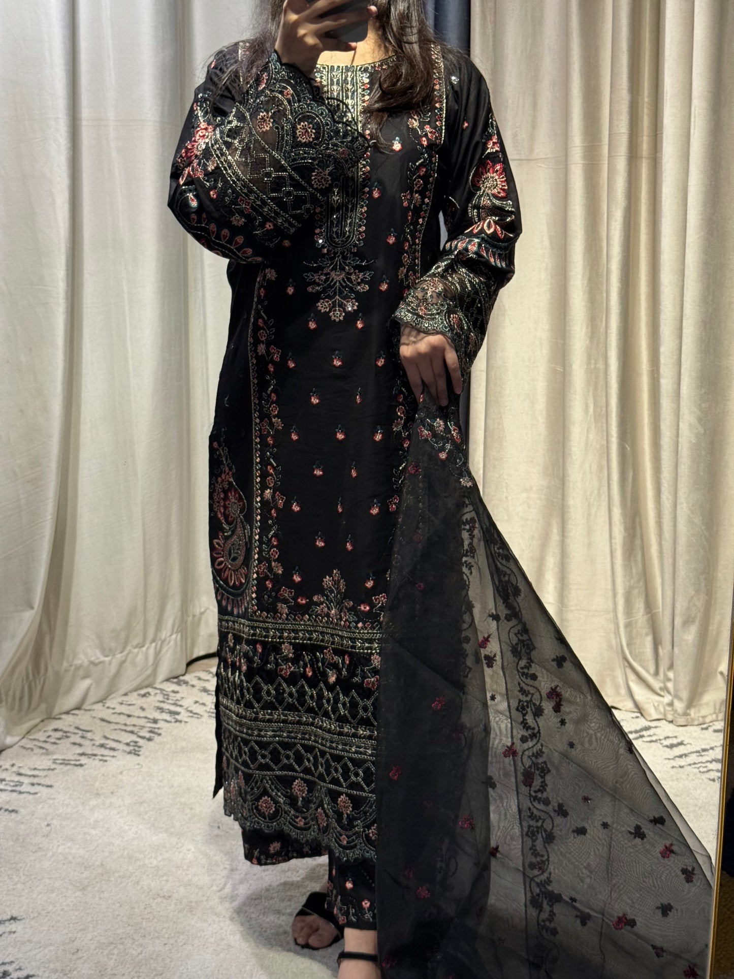 Timeless Black Elegance: Embroidered 3-Piece Ensemble