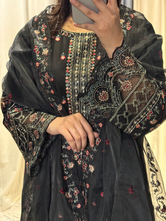 Timeless Black Elegance: Embroidered 3-Piece Ensemble