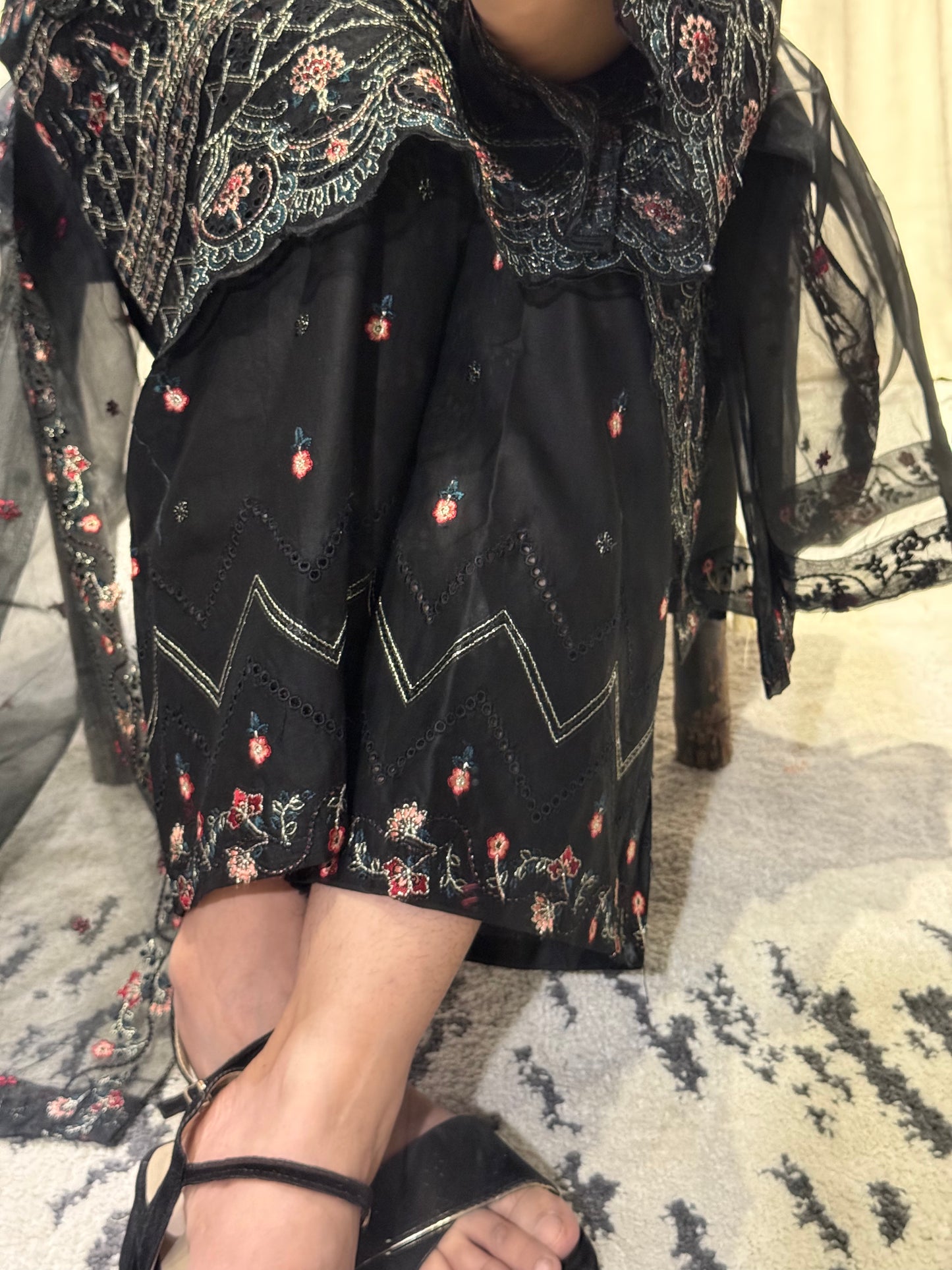 Timeless Black Elegance: Embroidered 3-Piece Ensemble