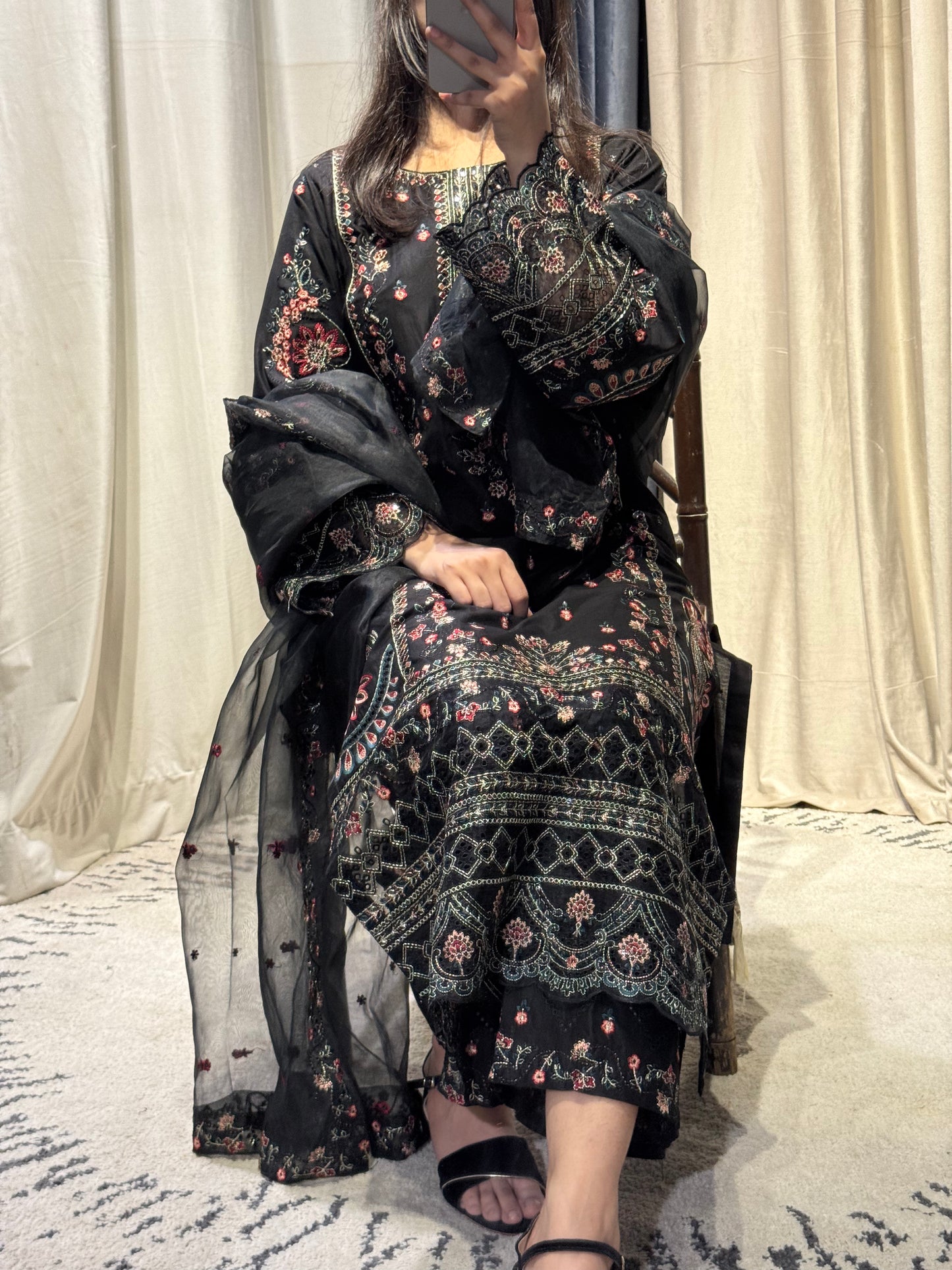 Timeless Black Elegance: Embroidered 3-Piece Ensemble
