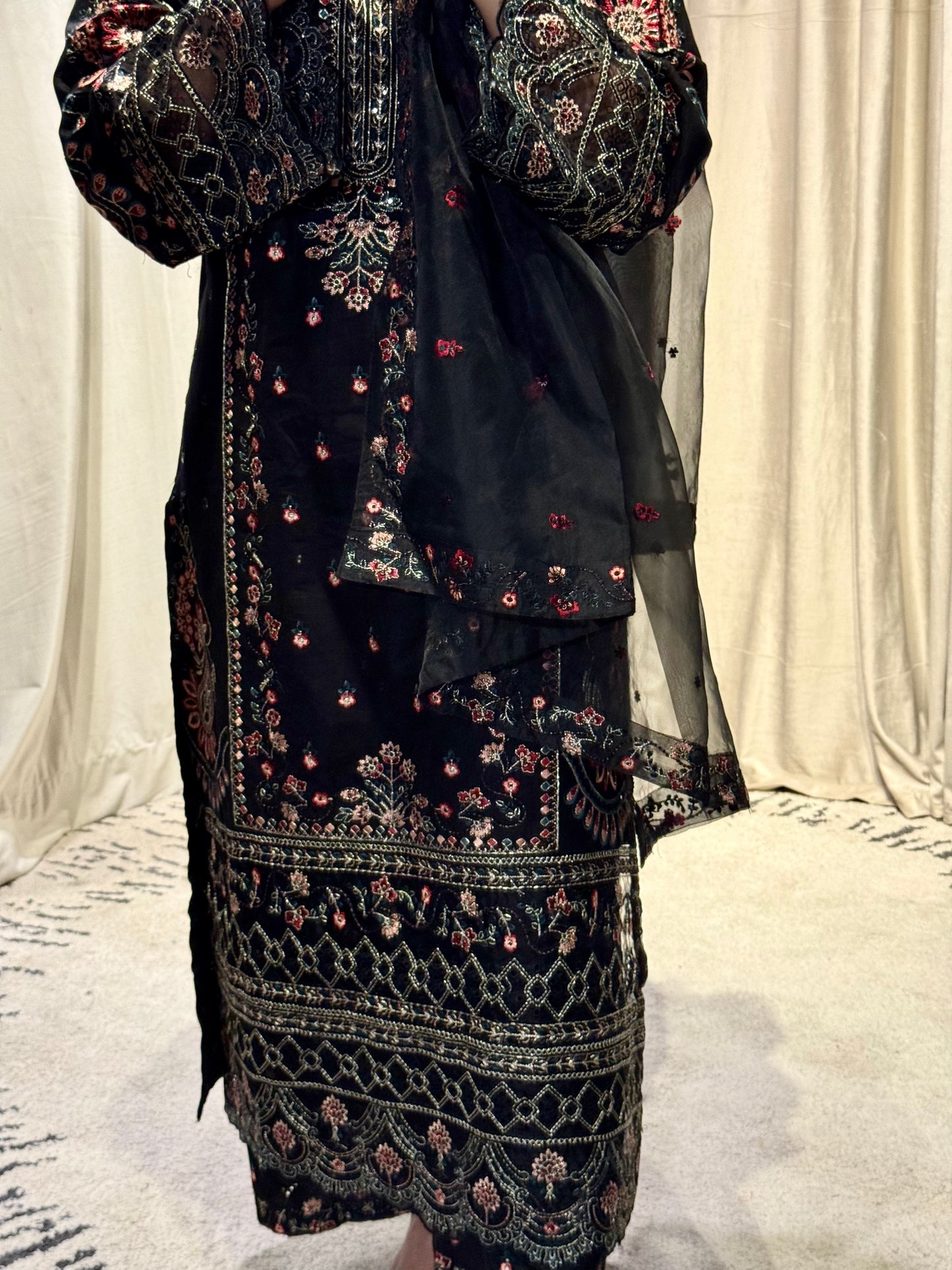 Timeless Black Elegance: Embroidered 3-Piece Ensemble