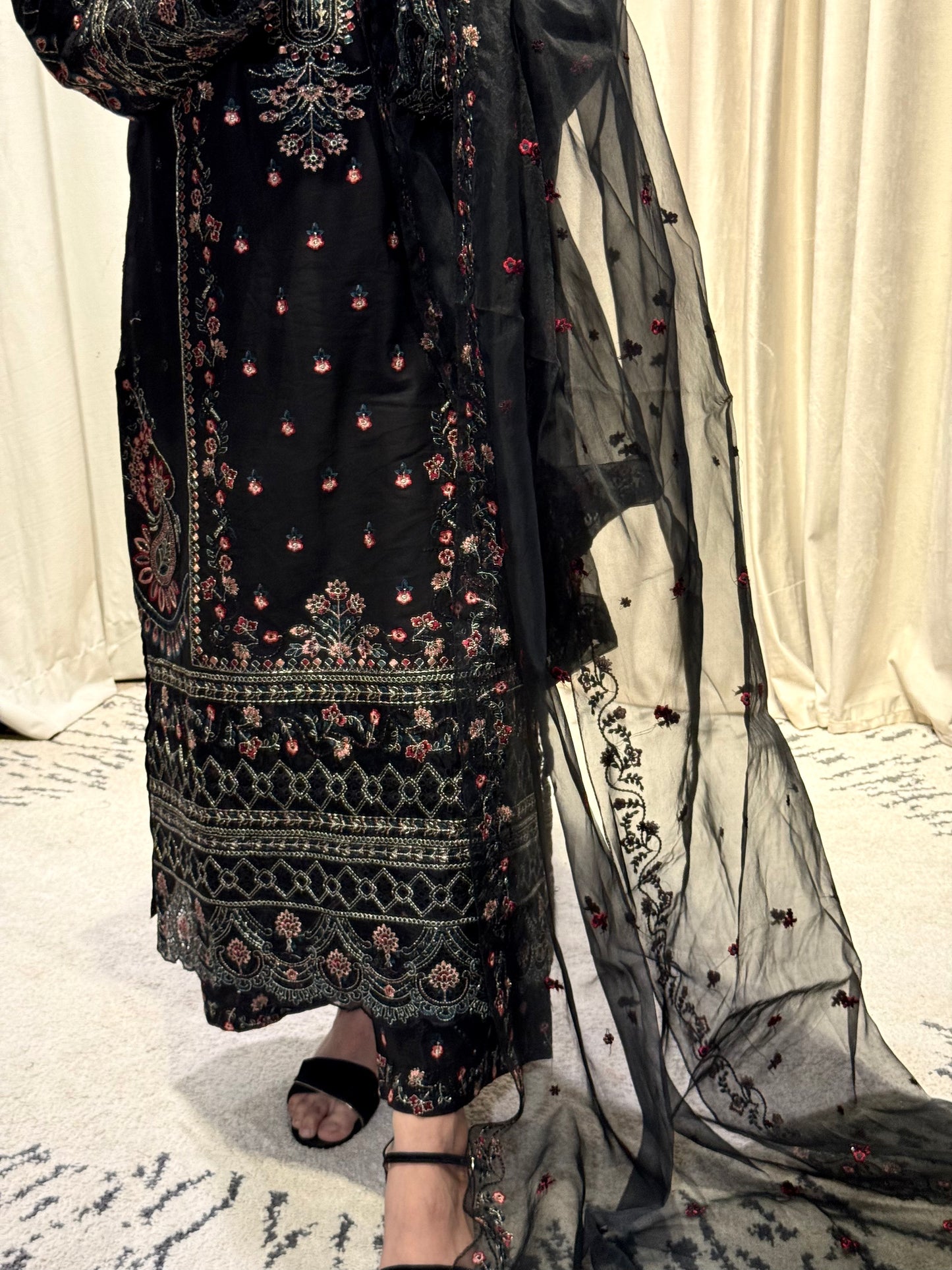Timeless Black Elegance: Embroidered 3-Piece Ensemble