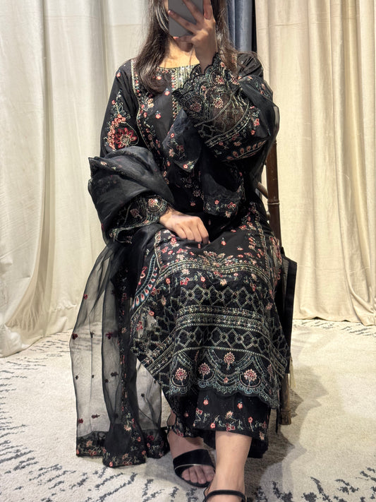 Timeless Black Elegance: Embroidered 3-Piece Ensemble